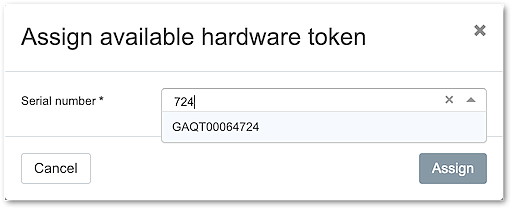 Adminapp - Airlock 2FA, Assign available hardware token, Serial number