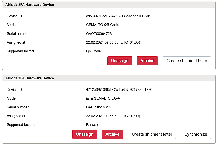 Adminapp - Airlock 2FA Hardware Device, list of devices