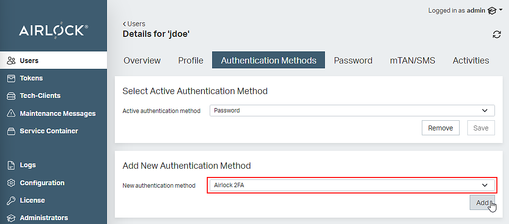 Adminapp - menu Users, tab Authentication Methods, Add New Authentication Method, Airlock 2FA