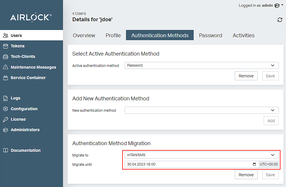 Adminapp - menu Users, tab Authentication Methods, mTAN migration