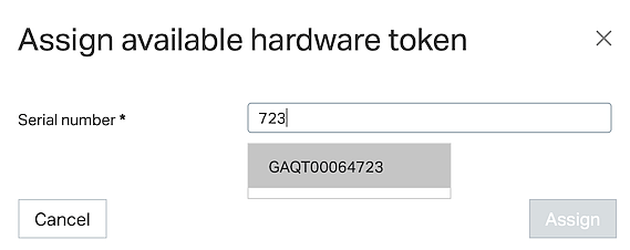 Adminapp - Airlock 2FA, Assign available hardware token, Serial number