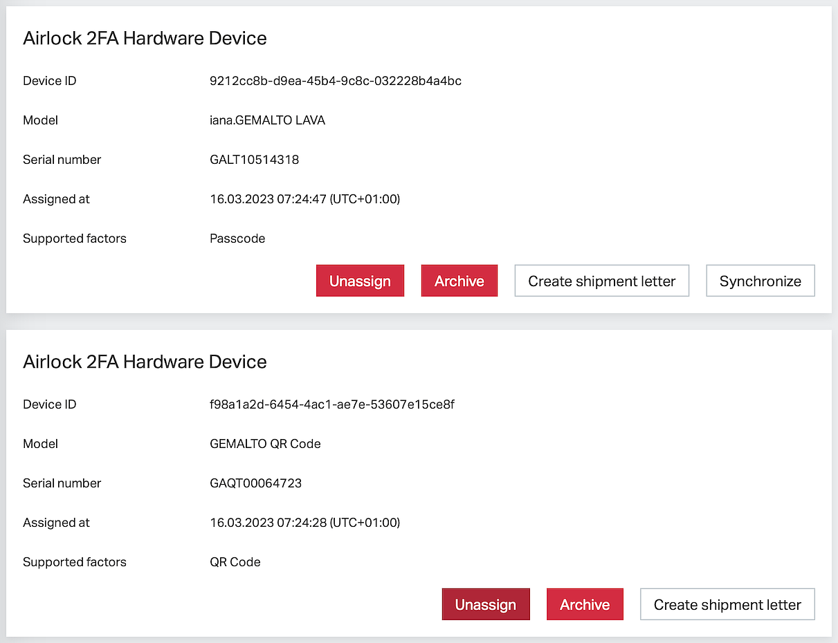 Adminapp - Airlock 2FA Hardware Device, list of devices