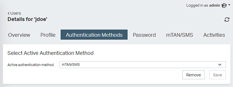 Adminapp - menu Users, tab Authentication Methods