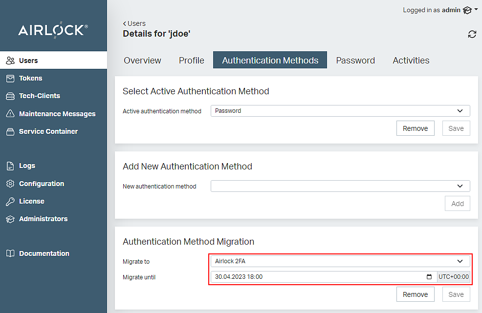 Adminapp - menu Users, tab Authentication Methods, Migrate to Airlock 2FA