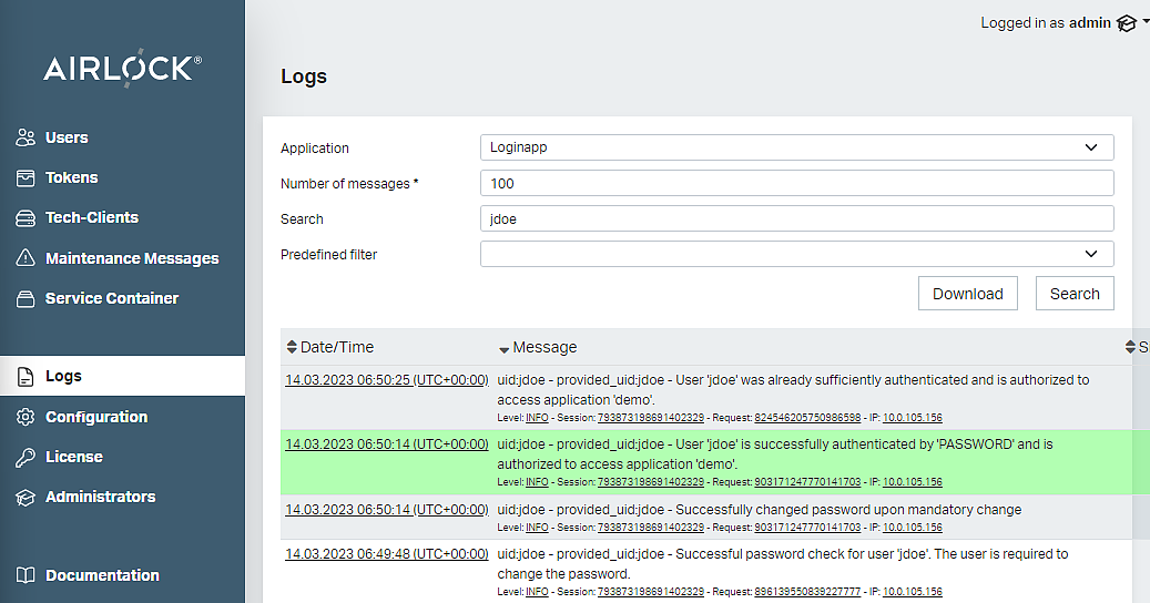 Adminapp - menu Logs, Loginapp logs